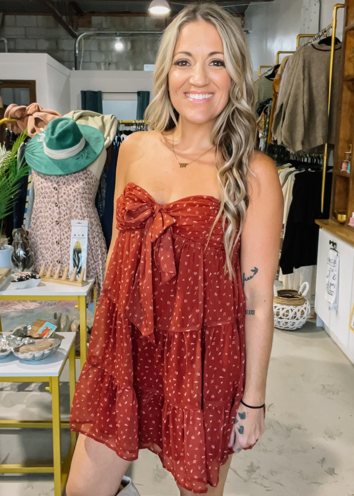Brick Ditsy Floral Mini Dress