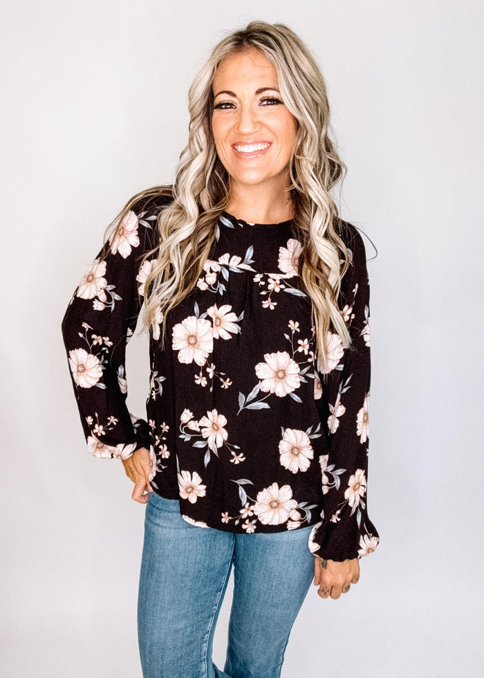 Black Long Sleeve Floral Top