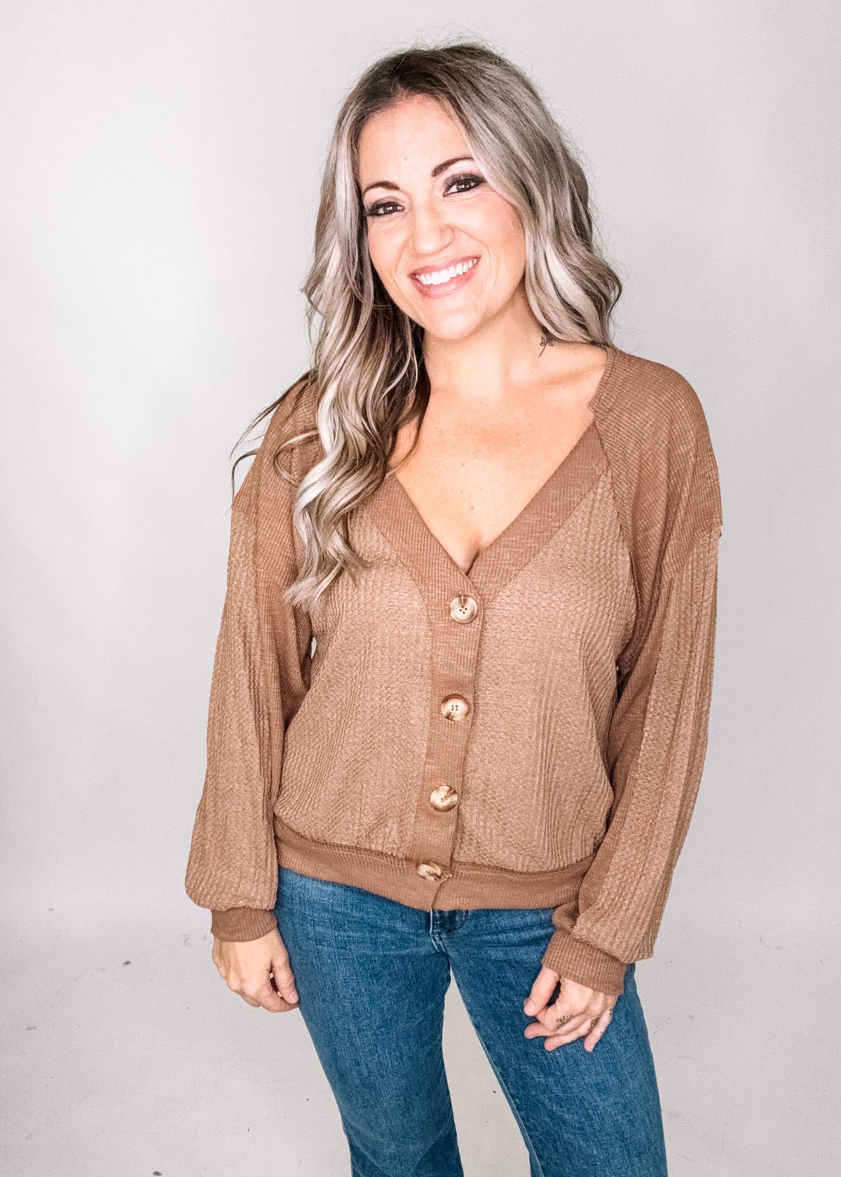 Contrasting Texture Cardigan with Buttons