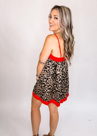 Red Trim Animal Print Satin Romper