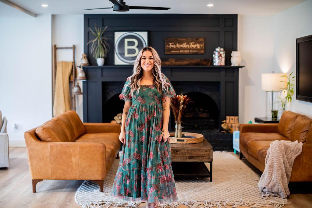 Green and Floral Mesh Maxi Dress