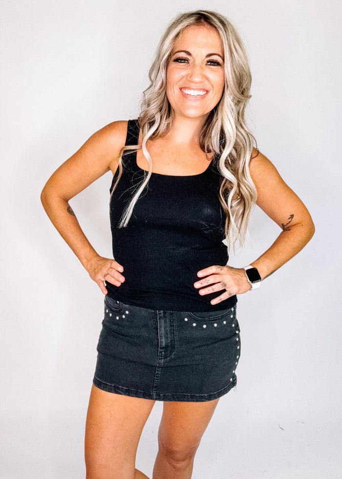 Black Denim Mini Skirt with Stud Detail