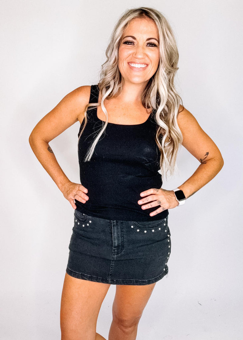 Black Denim Mini Skirt with Stud Detail