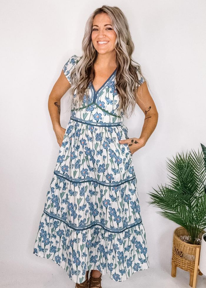 Artistic Floral Tiered Dress with Contrast Trim