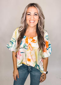 Colorful Floral Cream Satin Blouse