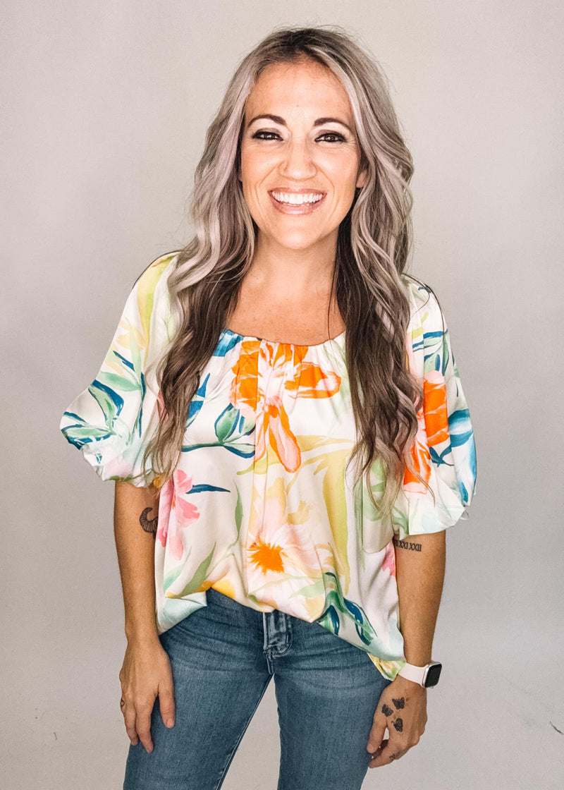 Colorful Floral Cream Satin Blouse