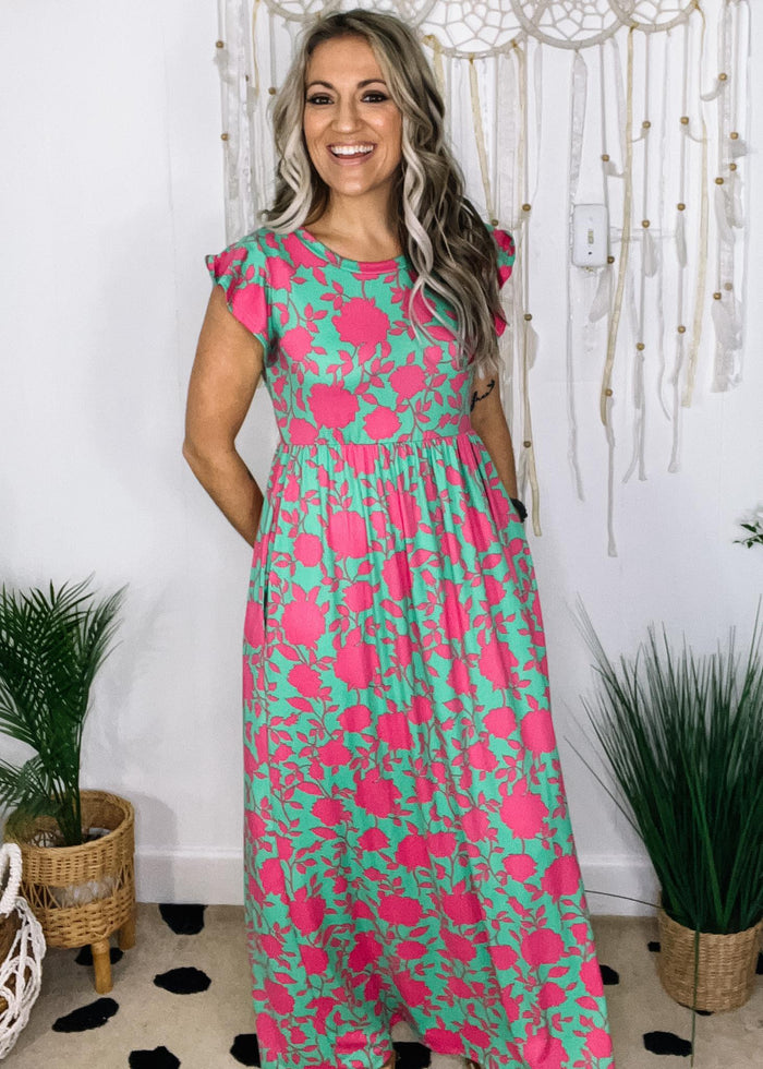 Brenda Green and Pink Floral Maxi Dress