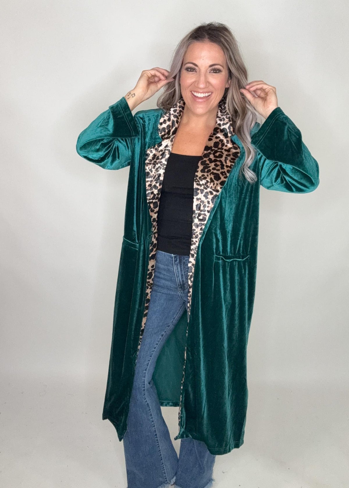 Teal Velvet Duster with Leopard Trim