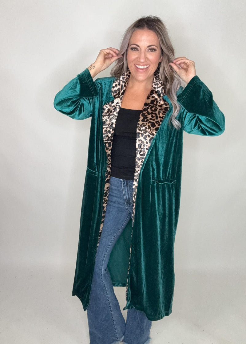 Teal Velvet Duster with Leopard Trim