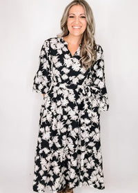 Jody Black Dress with White and Taupe Flowers