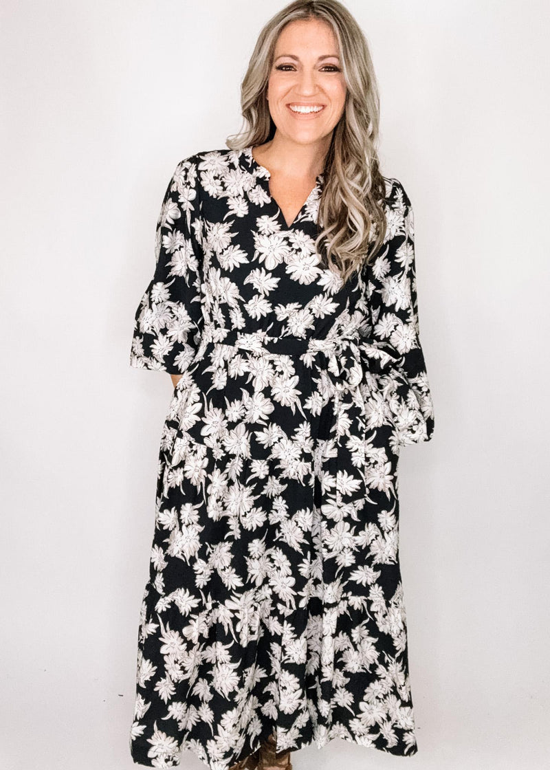 Jody Black Dress with White and Taupe Flowers