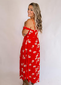 Red Floral Smocked Dress with Arm Straps