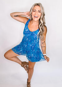 Blue and Purple Mesh Button Down Romper