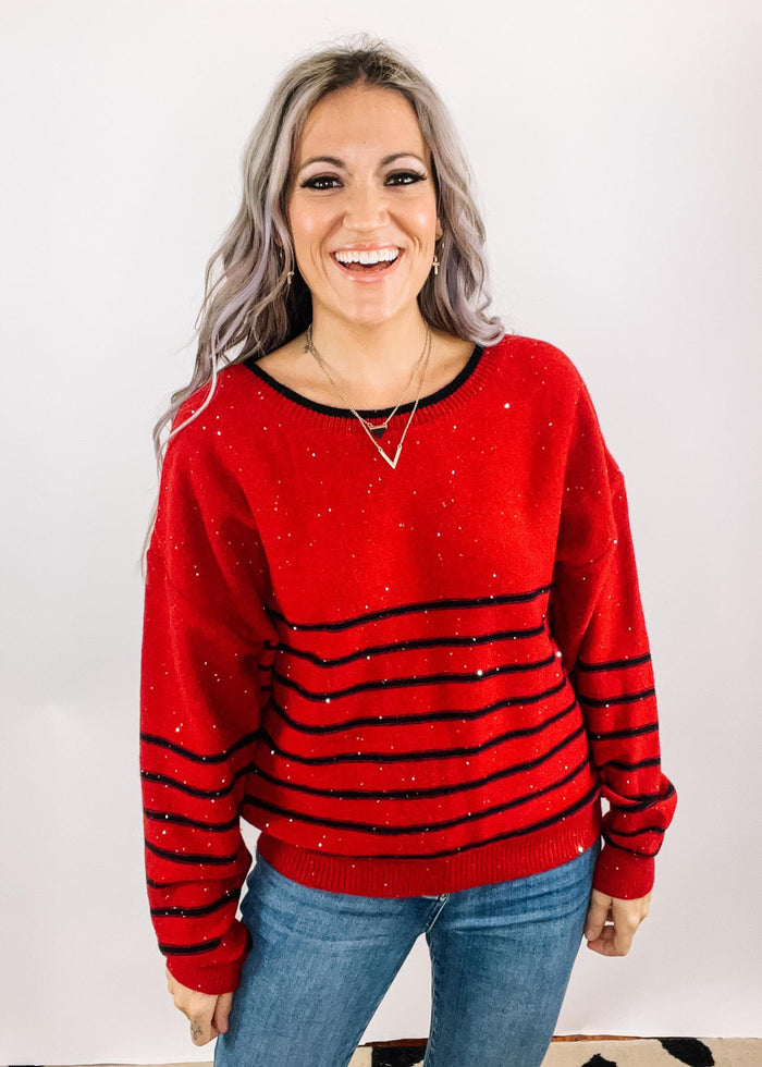 Entro Red and Black Sparkle Bow Back Sweater