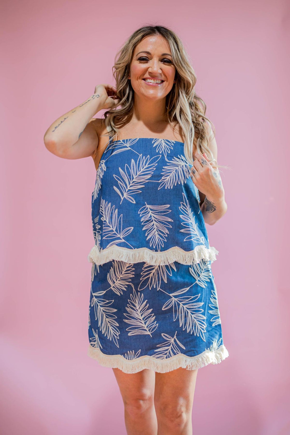 Embroidered Palm Denim Tank Top with Fringe