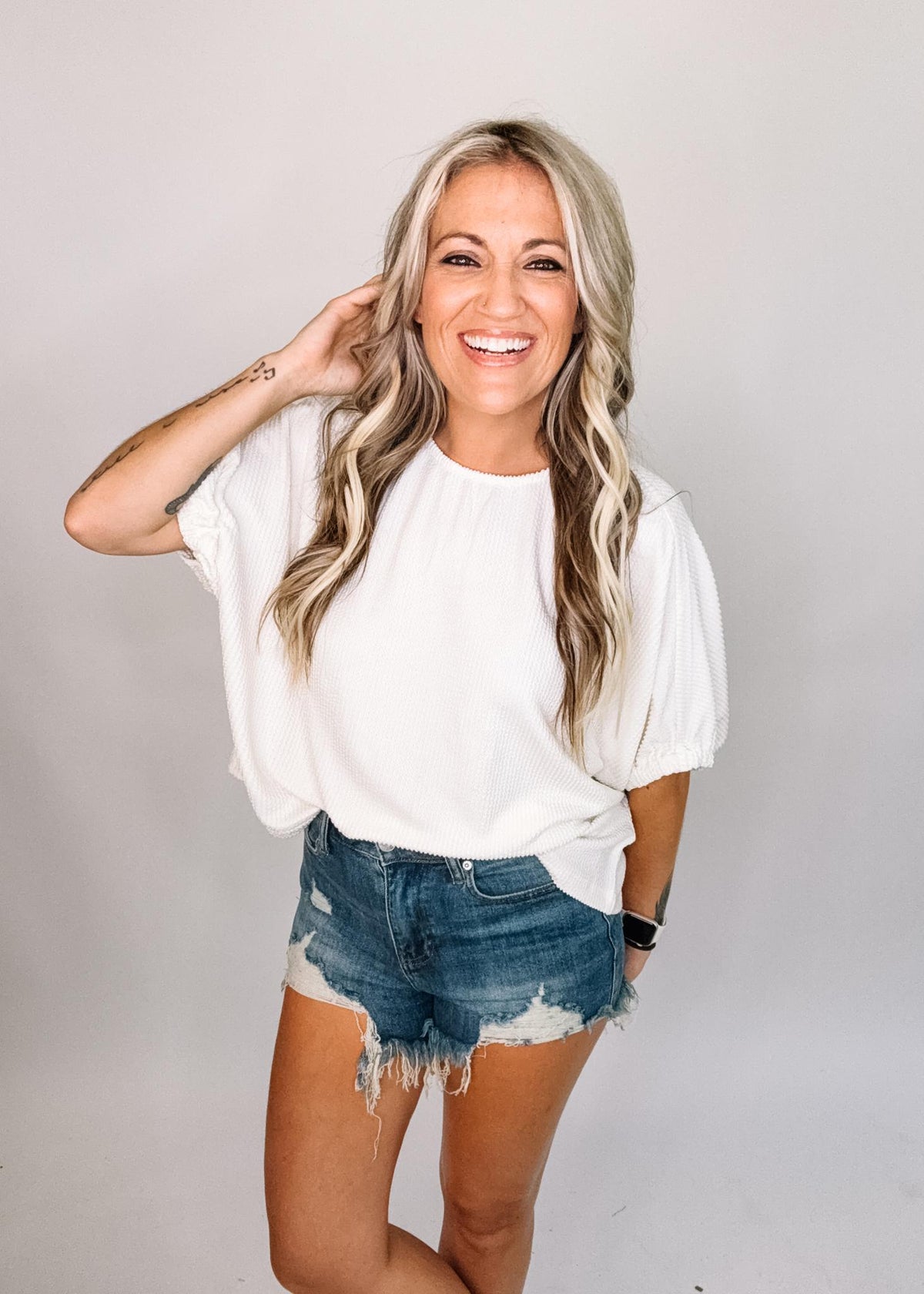 Textured Elastic Cuff Blouse