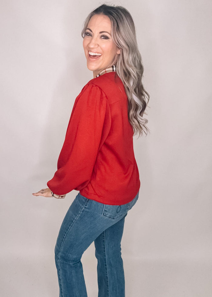 Mock Neck Solid Top with Plaid Contrast