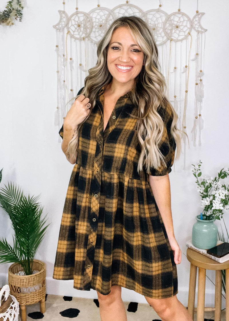 Camel and Black Flannel Puff Sleeve Dress