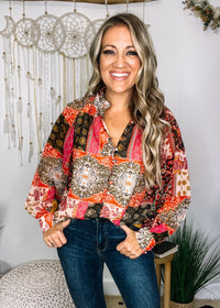 Rust Patchwork Print Chiffon Blouse