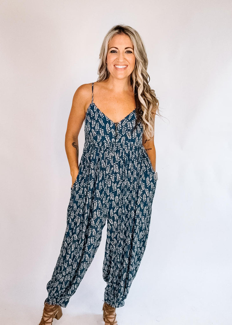 Boho Fern Printed Sleeveless Jumpsuit