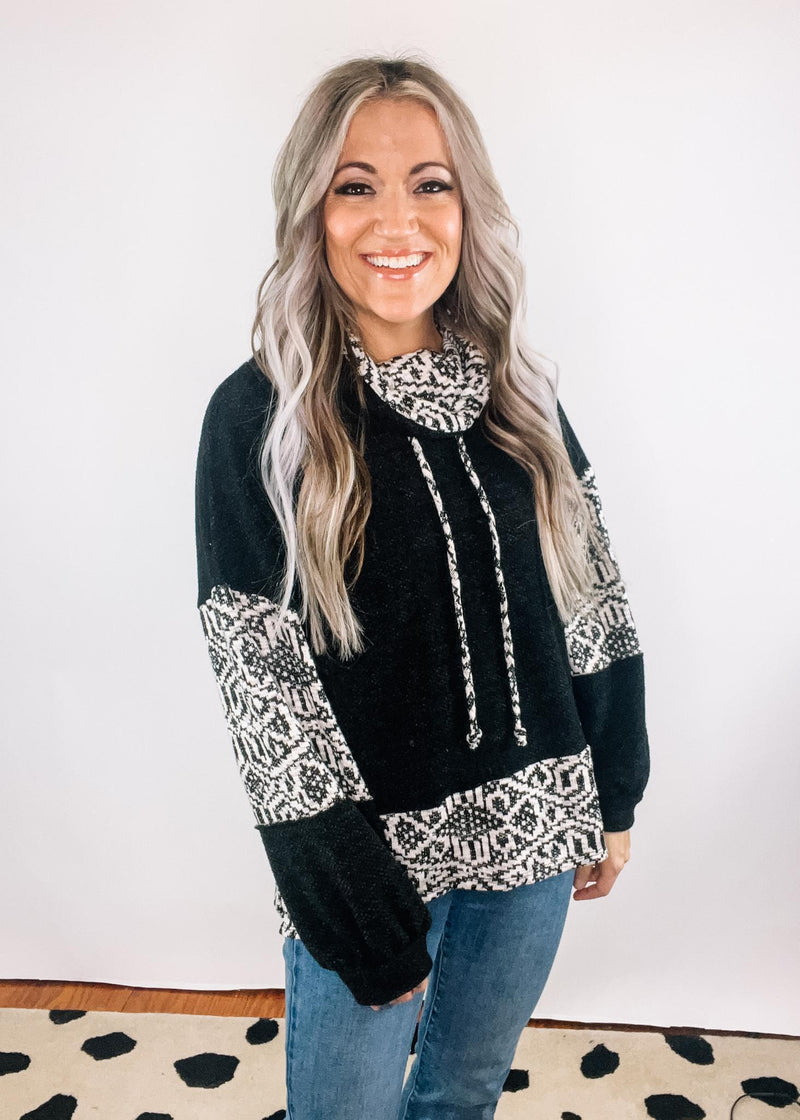 Black and Oatmeal Aztec Cowl Neck Top