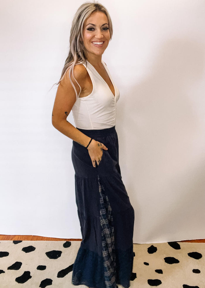 Washed Navy Palazzo Pants with Contrast Fabric