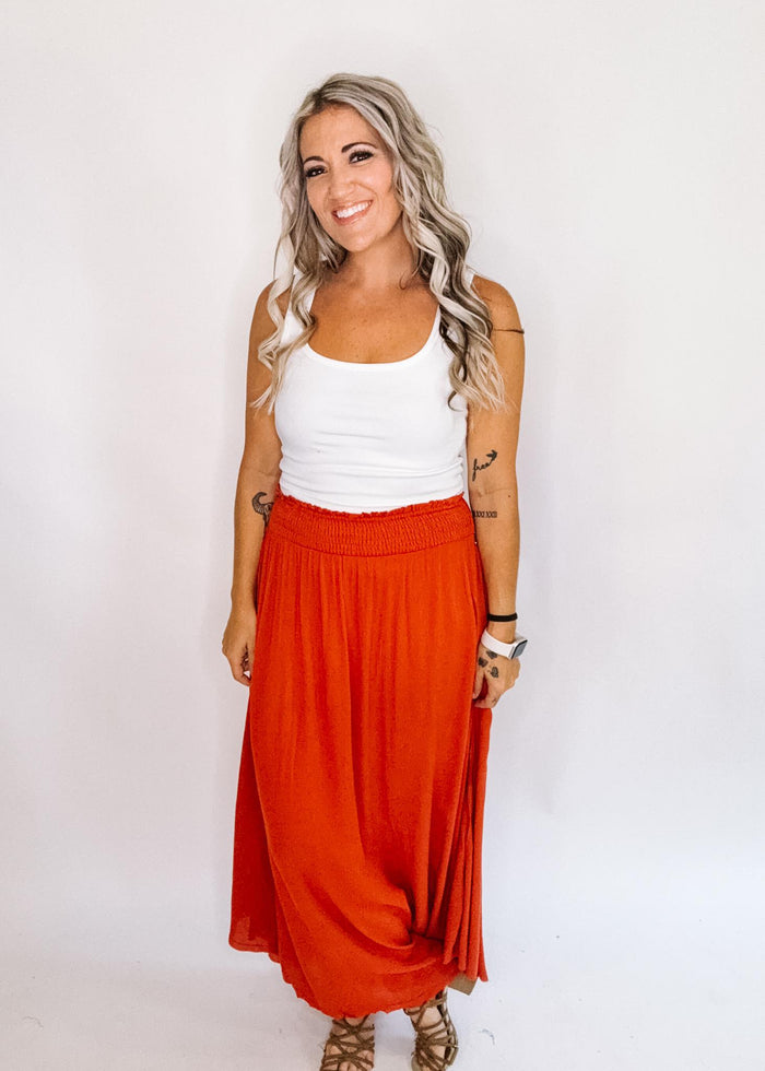 Marsala High Rise Smocked Waistband Maxi Skirt