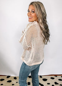 Oatmeal Crochet Knit Top with Faux Leather Star