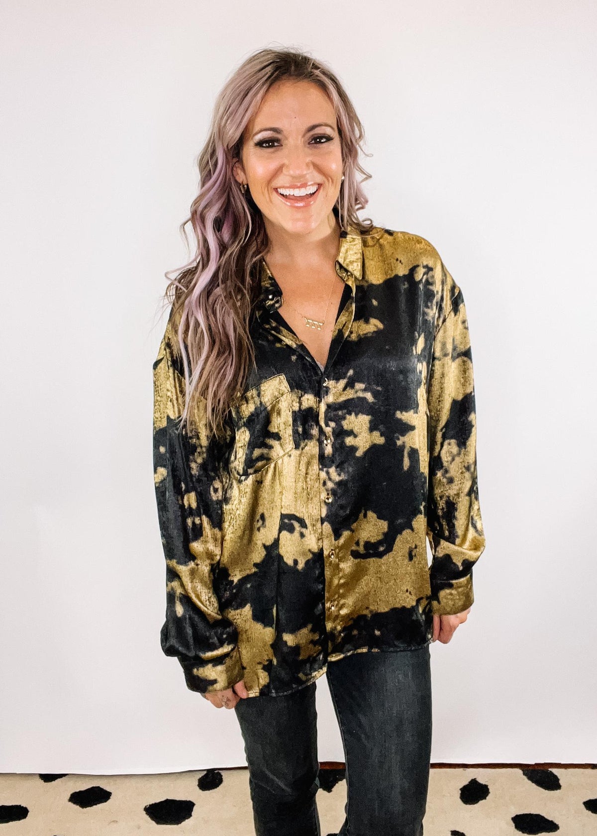 Metallic Gold Collared Shirt with Adjustable Sleeves