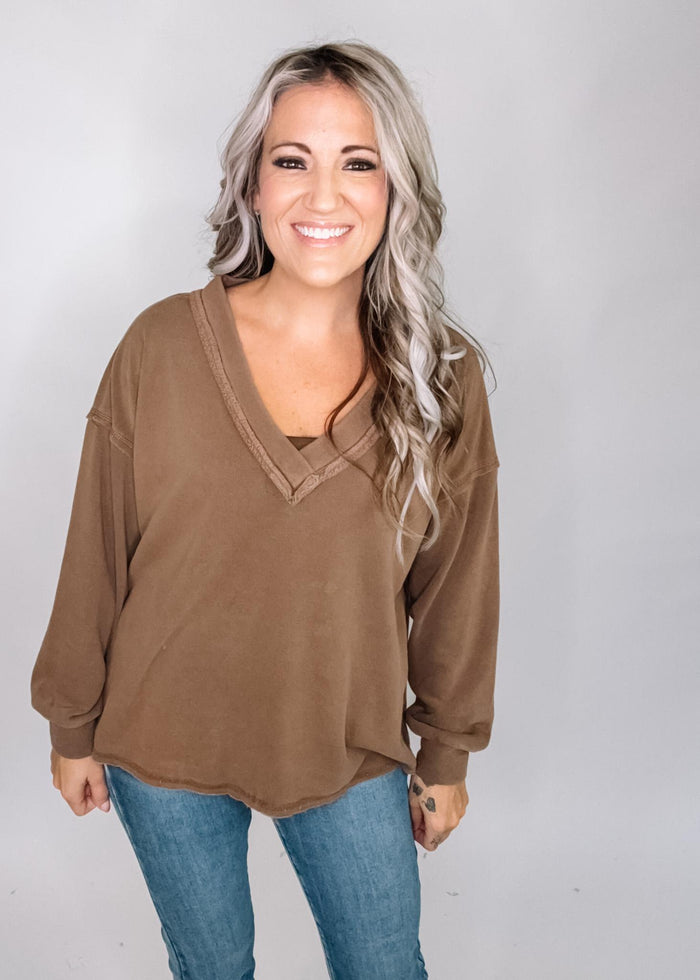 Brown Reverse Stitch Long Sleeve Top