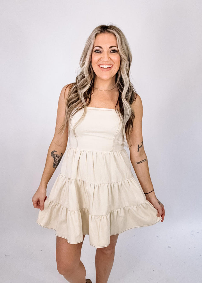 Cream Denim Tiered Mini Dress