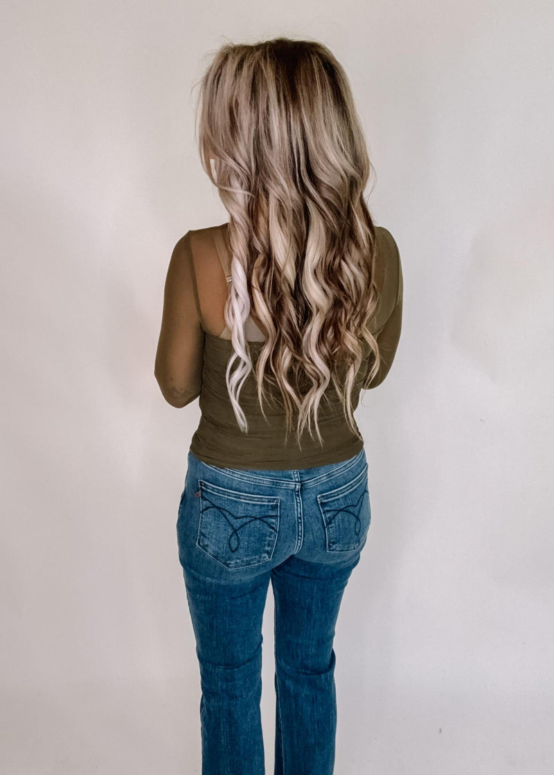 Olive Square Neck Top with Ruched Waist