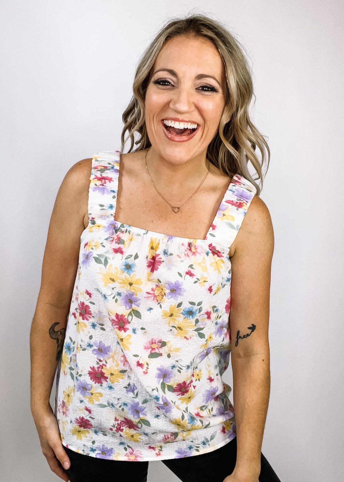 White Floral Ruched Strap Box Tank