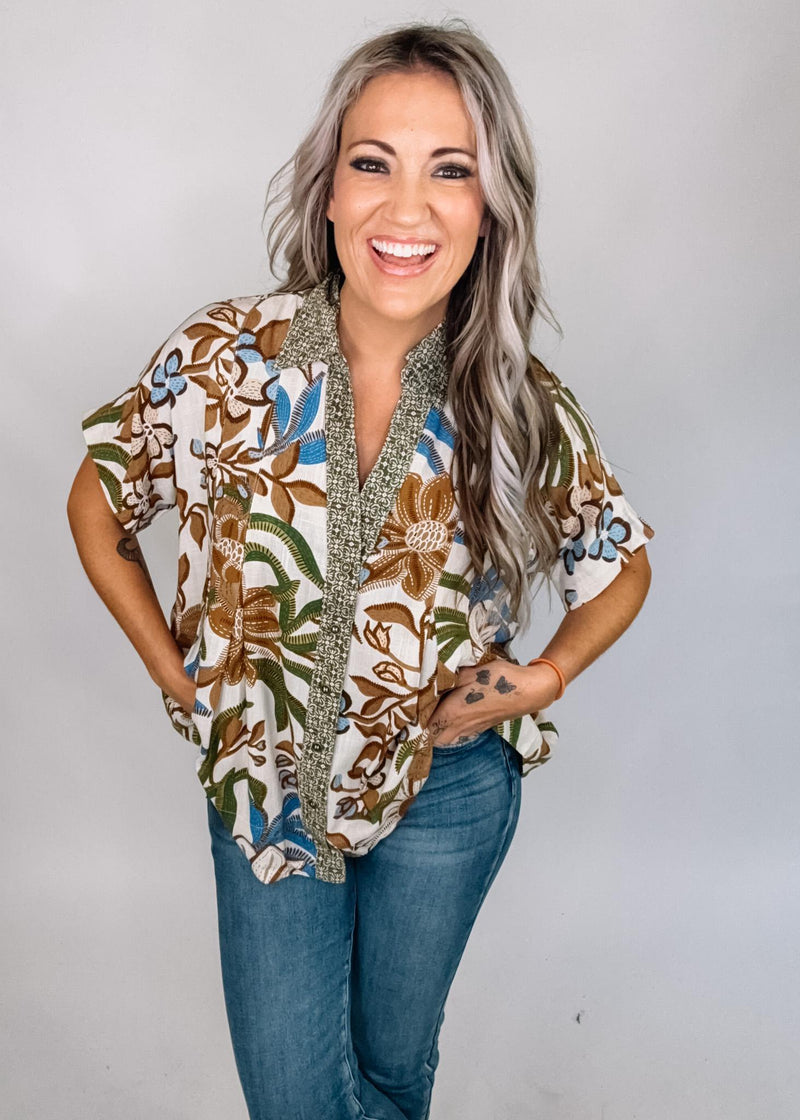 Walnut Mix Printed Top with Pleats