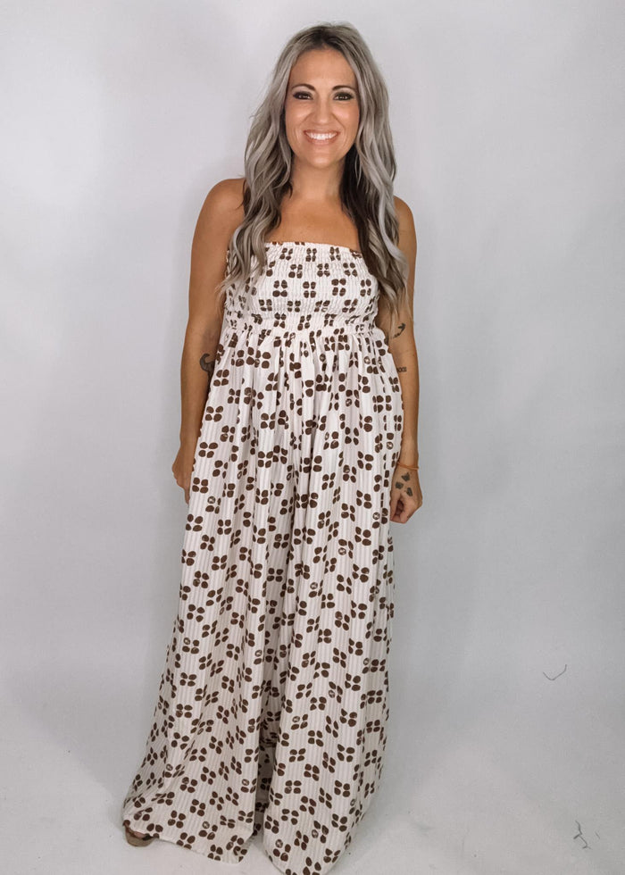 Cream and Brown Printed Wide Leg Jumpsuit