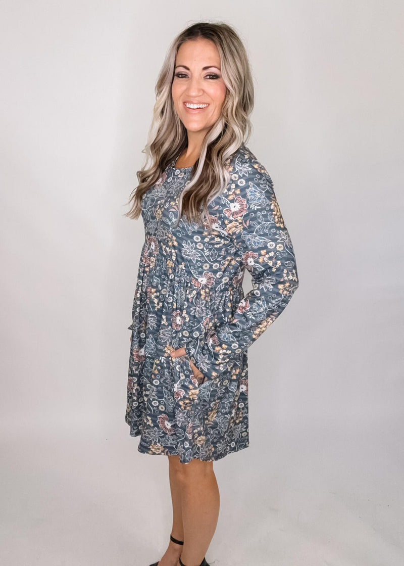 Soft Blue Floral Print Babydoll Dress