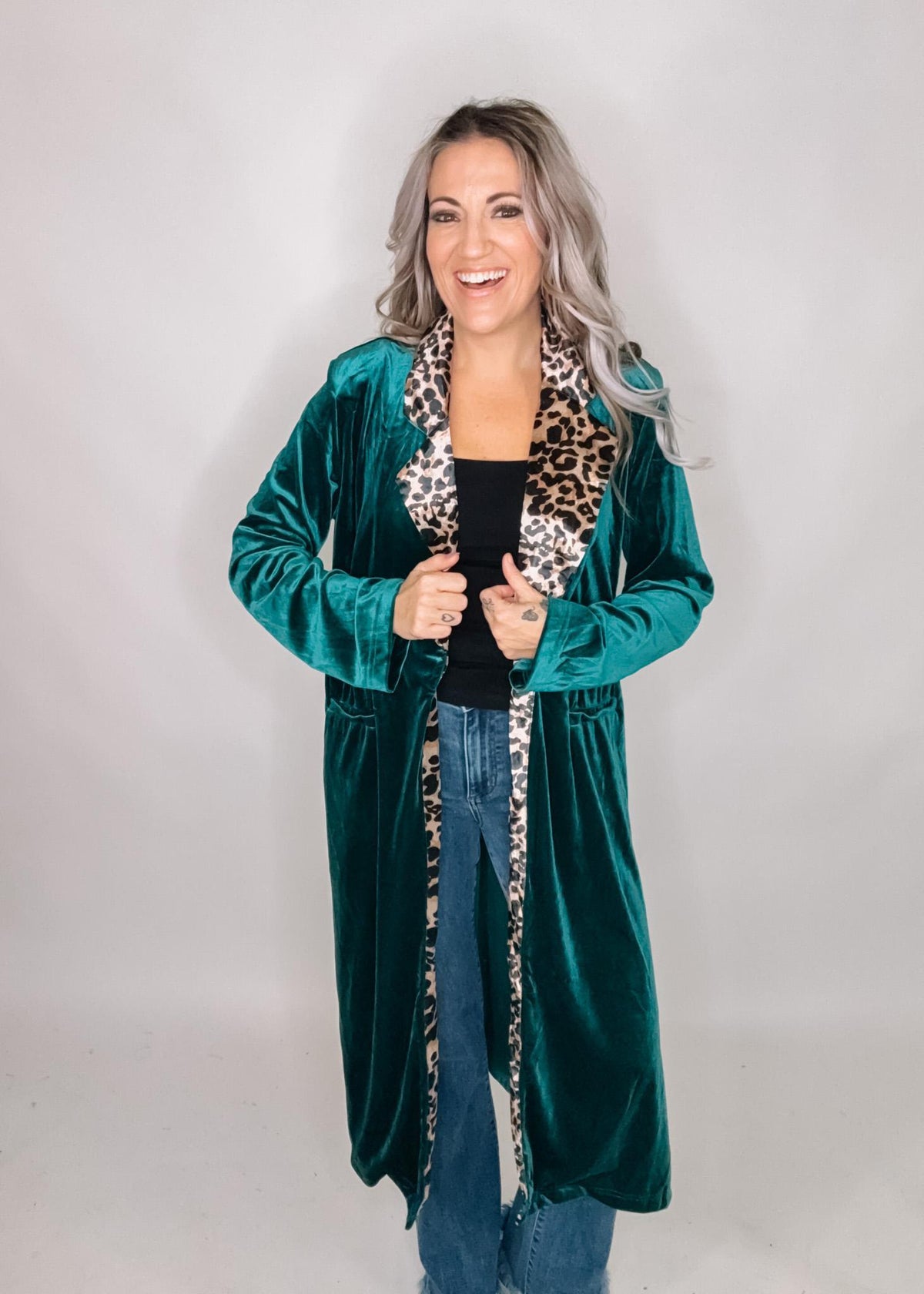 Teal Velvet Duster with Leopard Trim