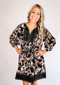 Black Printed Dress with Black Trim