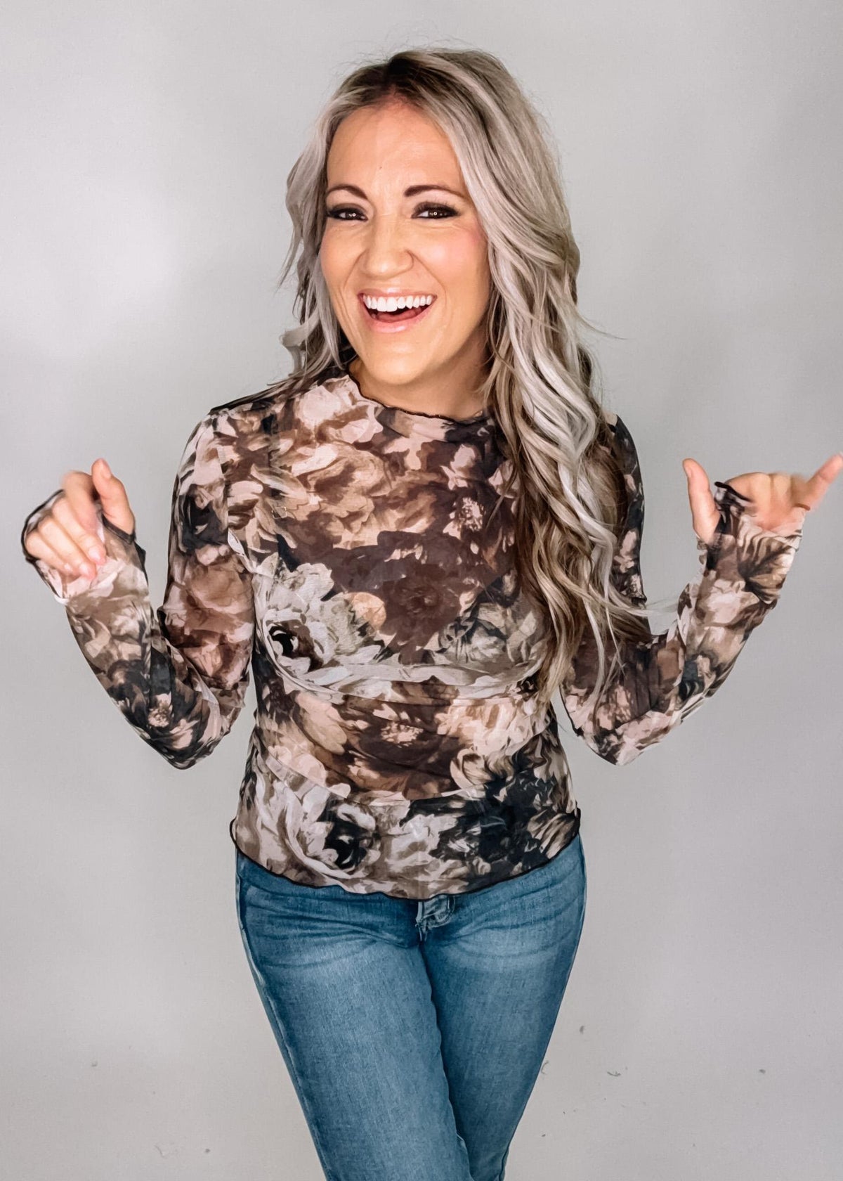 Taupe and Black Floral Mesh Top