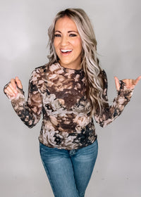 Taupe and Black Floral Mesh Top