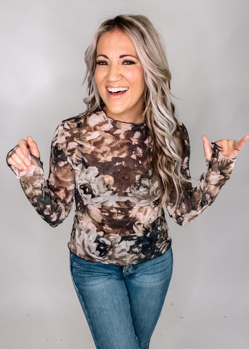 Taupe and Black Floral Mesh Top
