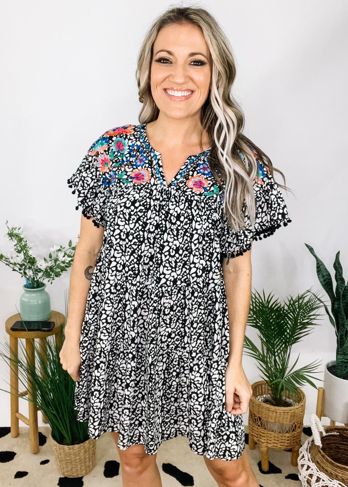 Floral Embroidered Leopard Print Dress Medium Floral Embroidered Leopard Print Dress Medium