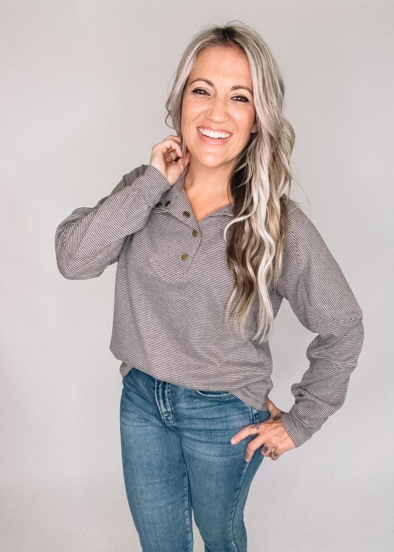 Brown Micro Stripe Pullover with Buttons