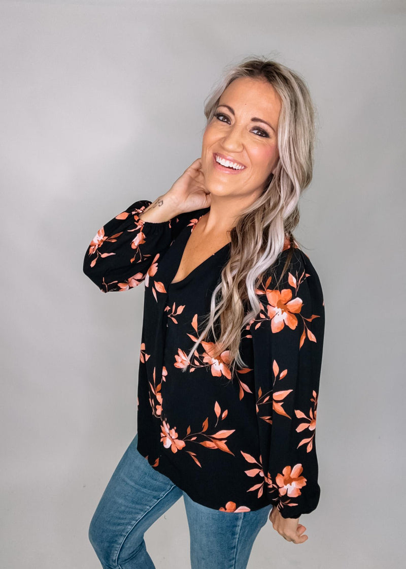 Black and Pink Floral Print Blouse
