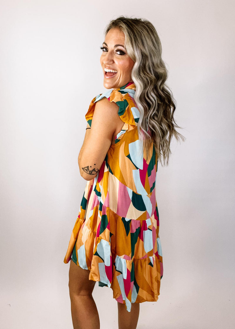 Peach and Fuchsia Printed Flutter Sleeve Dress