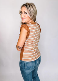 Striped Contrast Color Block Ruffle Sleeve Top