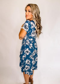 Blue and White Floral Tulip Short Sleeve Dress