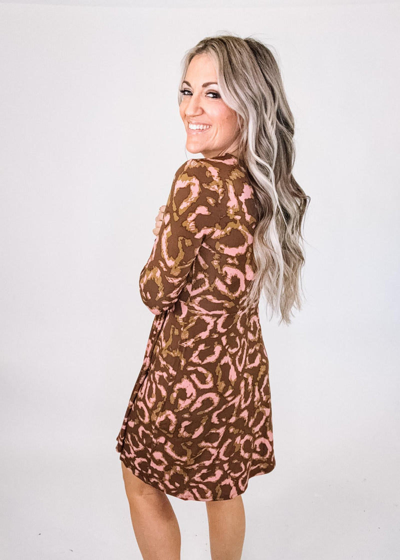 Brown and Pink Abstract V Neck Flounce Dress