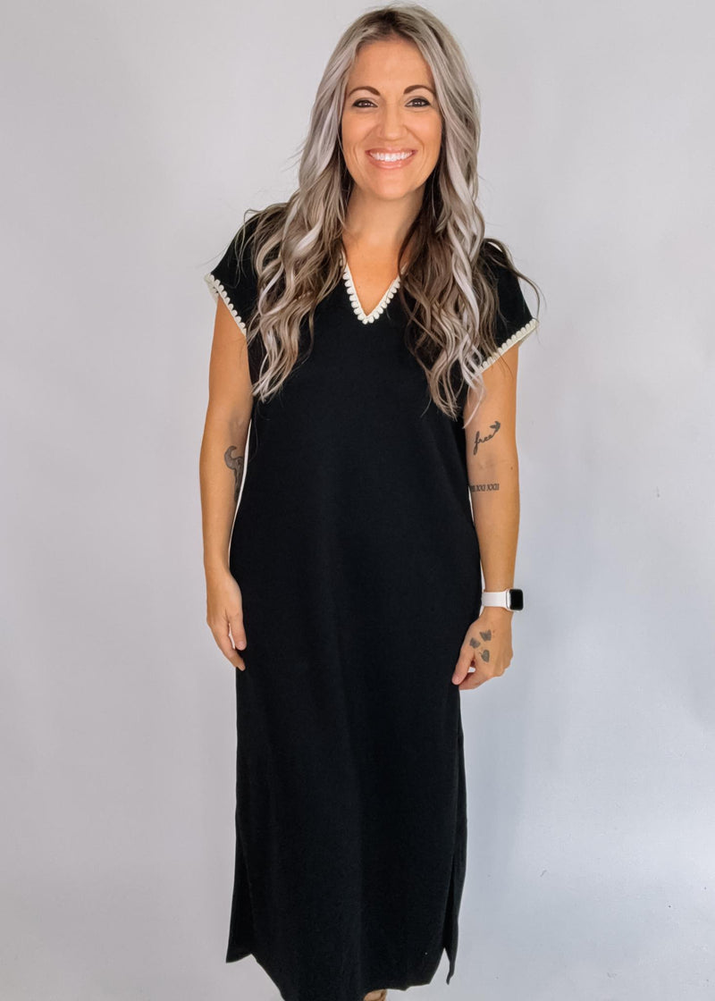 Black Embroider Trim Maxi with Collar