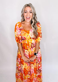 Orange Multi Flower Tiered Dress